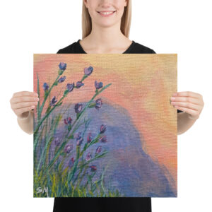 Rock with Flowers at Sunset Poster