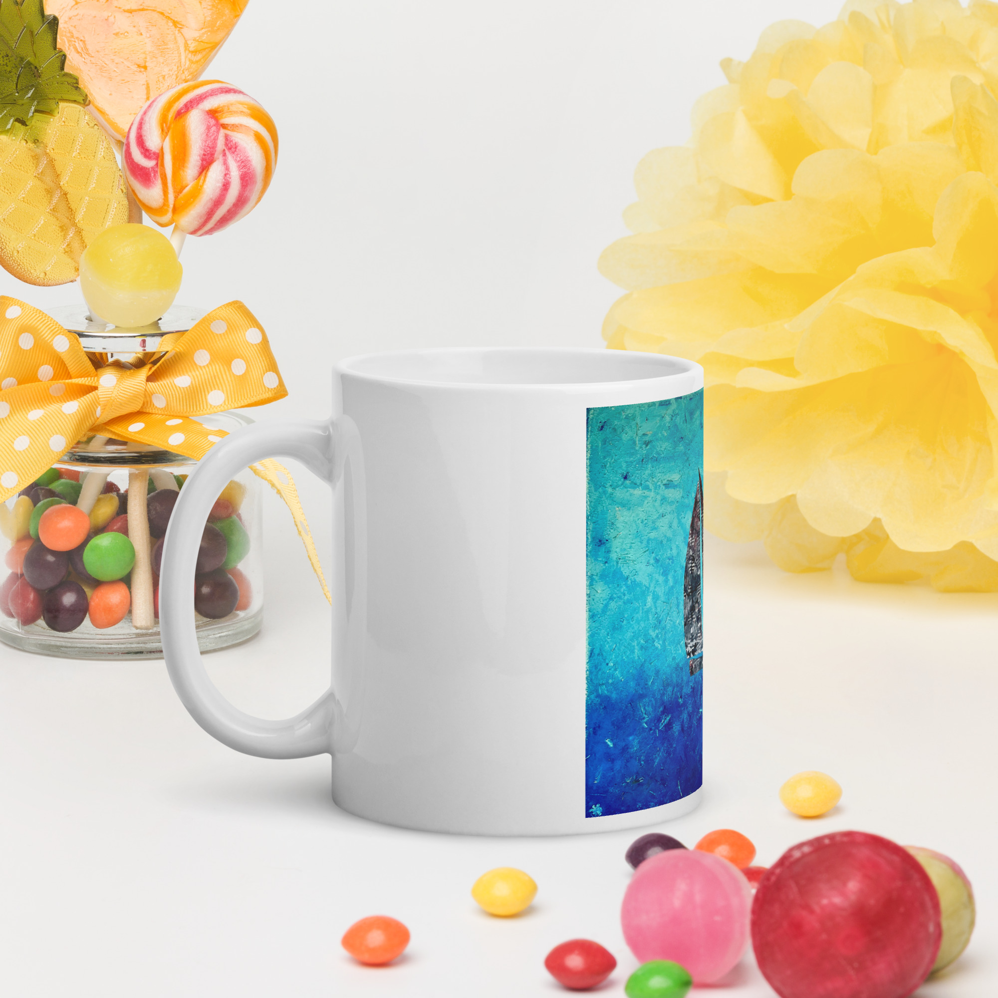 The Sail Boat, Jonestown Texas White glossy mug - Image 10